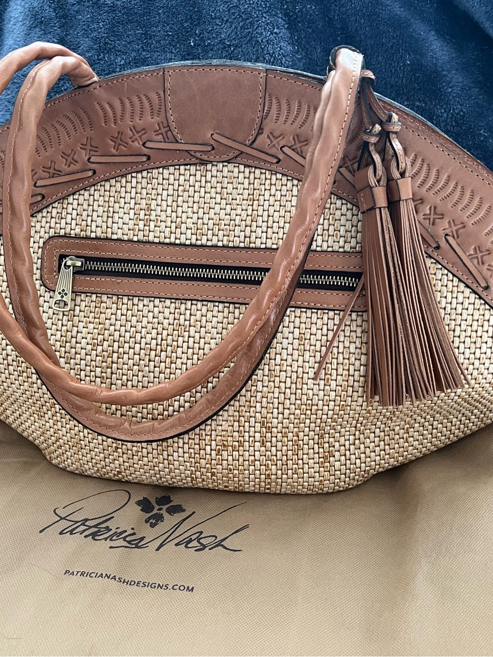 Patricia Nash Trope Raffia Dome Tote with Leather Tassels and Trim